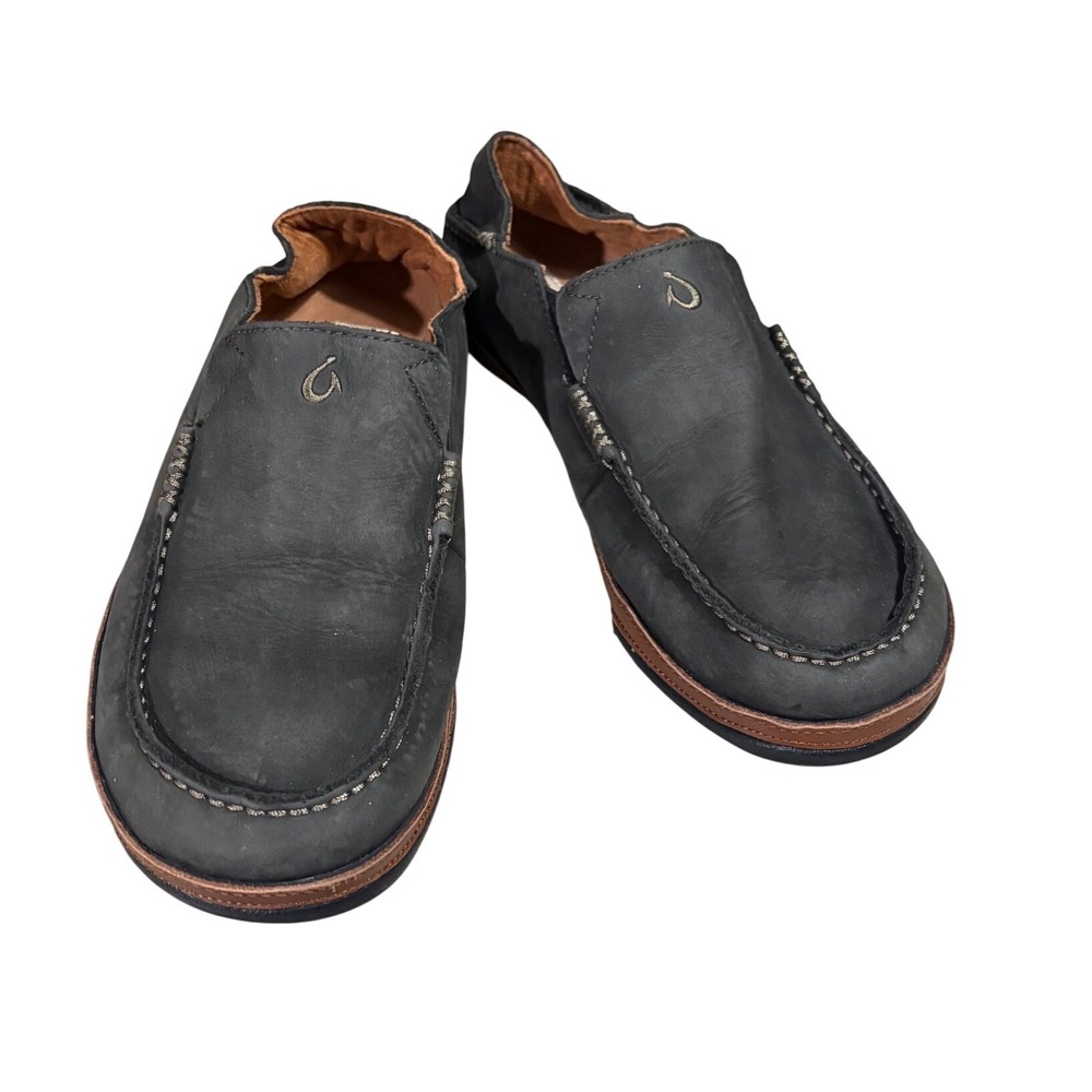 Olukai Moloa Shoes 9.5 Charcoal Grey Leather Slip On Drop In Heel Loafer